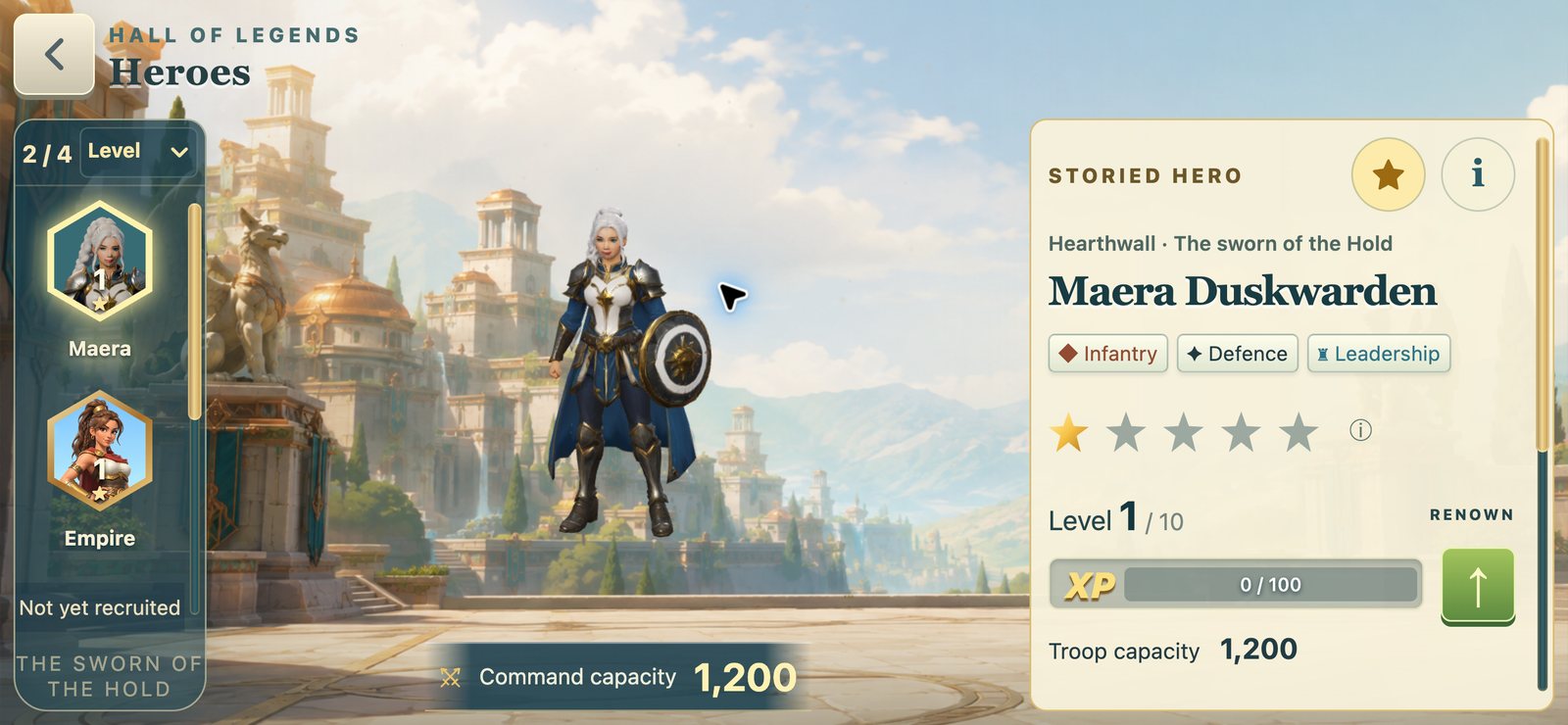 Empirewake Hall of Legends showing the hero Maera Duskwarden